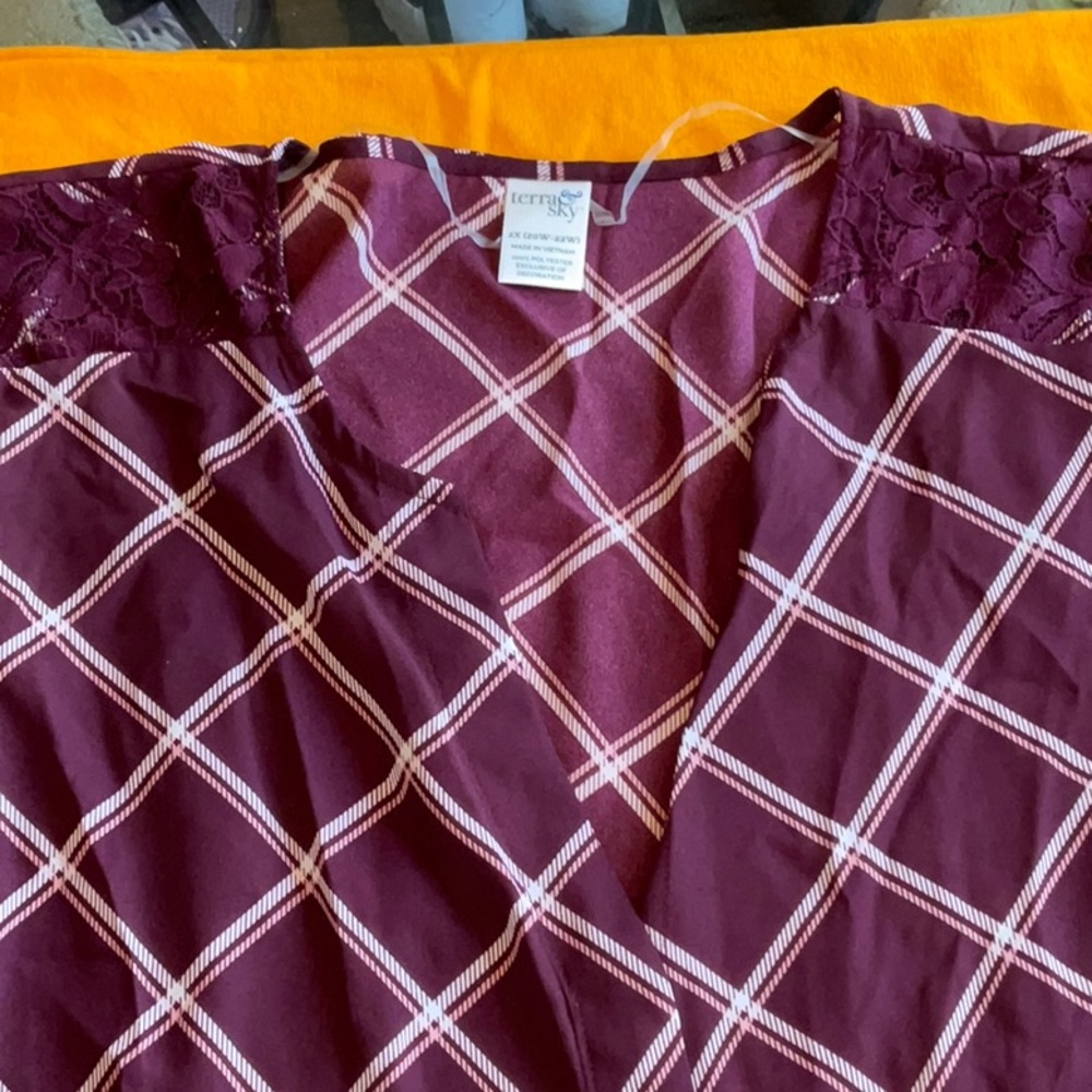 Terra & Sky Burgundy Plaid with Lace Button Down Blouse Size 2X, NWT - Picture 11 of 15